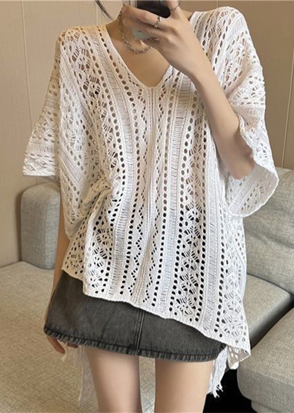 Women White Oversized Side Open Hollow Out Knit Long Smock Summer LY2589 - fabuloryshop