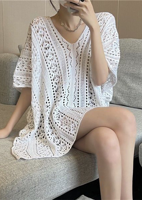 Women White Oversized Side Open Hollow Out Knit Long Smock Summer LY2589 - fabuloryshop