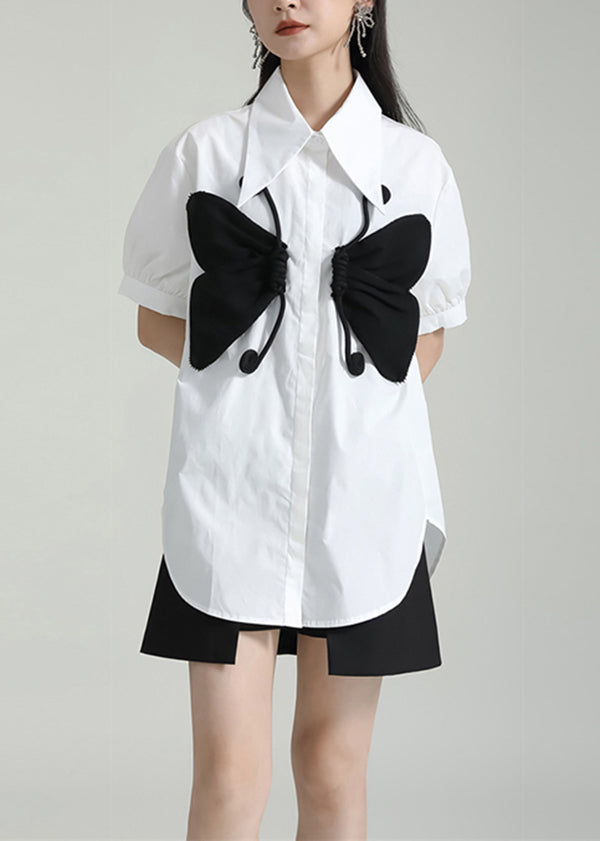 Women White Peter Pan Collar Butterfly Patchwork Cotton Shirts Top Summer Ada Fashion