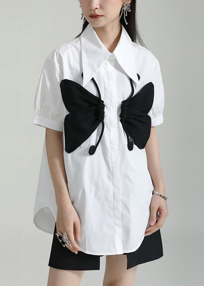 Women White Peter Pan Collar Butterfly Patchwork Cotton Shirts Top Summer Ada Fashion