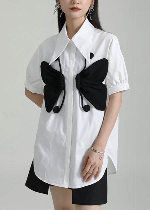 Women White Peter Pan Collar Butterfly Patchwork Cotton Shirts Top Summer Ada Fashion