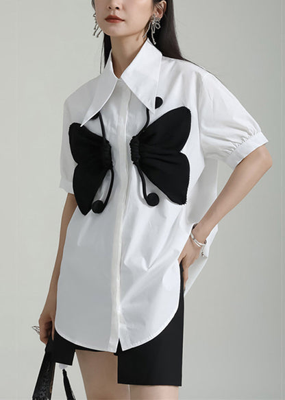 Women White Peter Pan Collar Butterfly Patchwork Cotton Shirts Top Summer Ada Fashion