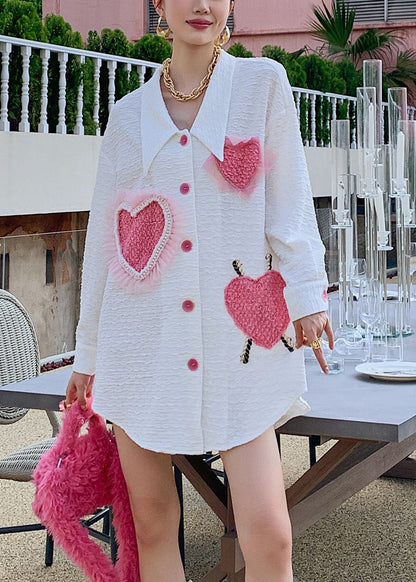 Women White Peter Pan Collar Embroideried Loving Heart Button Shirt Long Sleeve LY0750 - fabuloryshop