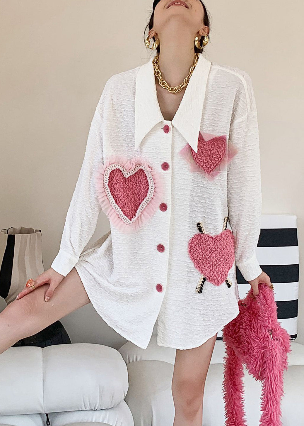 Women White Peter Pan Collar Embroideried Loving Heart Button Shirt Long Sleeve LY0750 - fabuloryshop