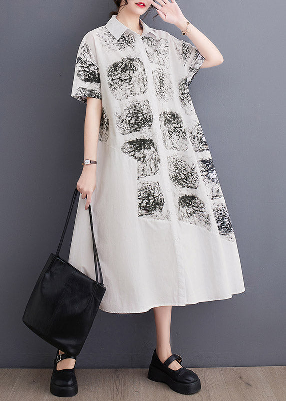 Women White Peter Pan Collar Print Long Shirt Dress Summer LY3055 - fabuloryshop