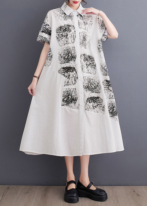 Women White Peter Pan Collar Print Long Shirt Dress Summer LY3055 - fabuloryshop