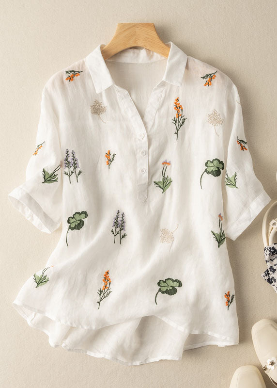 Women White Peter Pan Collar Print Patchwork Linen Shirt Top Summer Ada Fashion