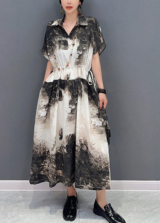 Women White Peter Pan Collar Tie Dye Cotton Cinched Dresses Summer LY0556