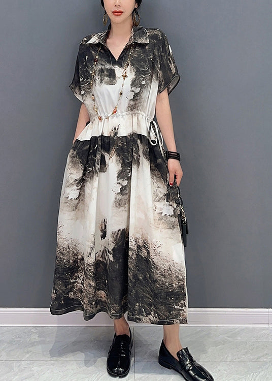 Women White Peter Pan Collar Tie Dye Cotton Cinched Dresses Summer LY0556 - fabuloryshop