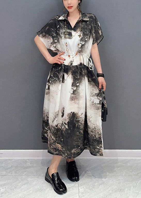 Women White Peter Pan Collar Tie Dye Cotton Cinched Dresses Summer LY0556 - fabuloryshop