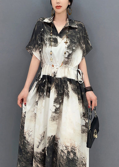 Women White Peter Pan Collar Tie Dye Cotton Cinched Dresses Summer LY0556 - fabuloryshop