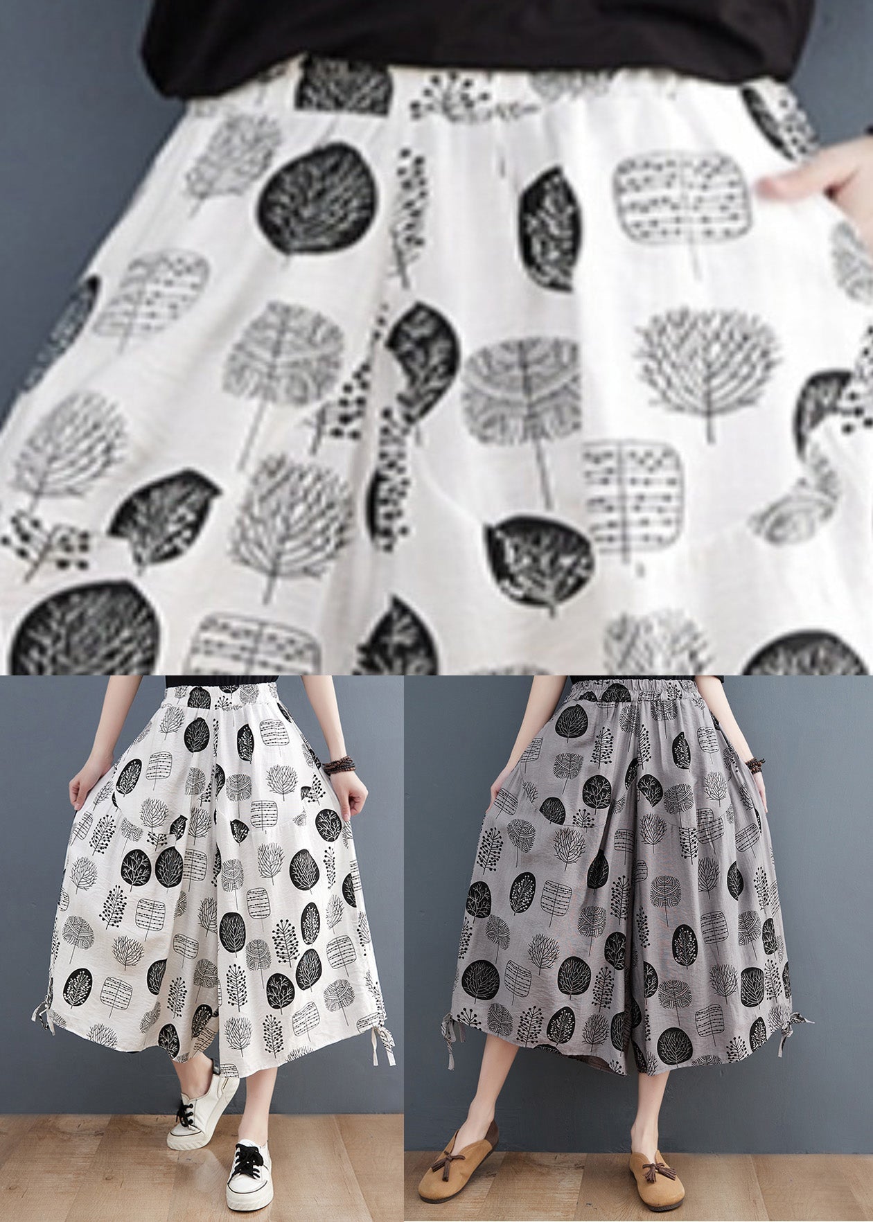 Women White Print Tie Crop Pants Summer LY4951 - fabuloryshop