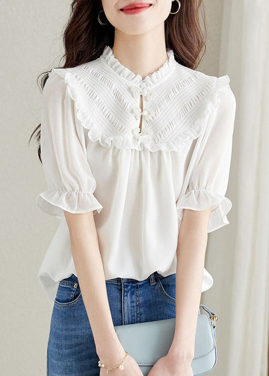 Women White Ruffled Chinese Button Patchwork Chiffon Shirt Top Summer TQ1059 - fabuloryshop