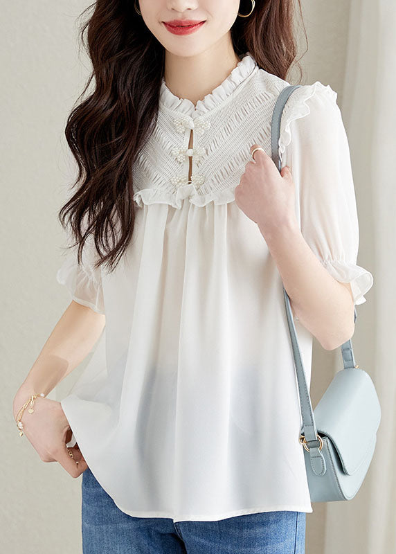Women White Ruffled Chinese Button Patchwork Chiffon Shirt Top Summer TQ1059