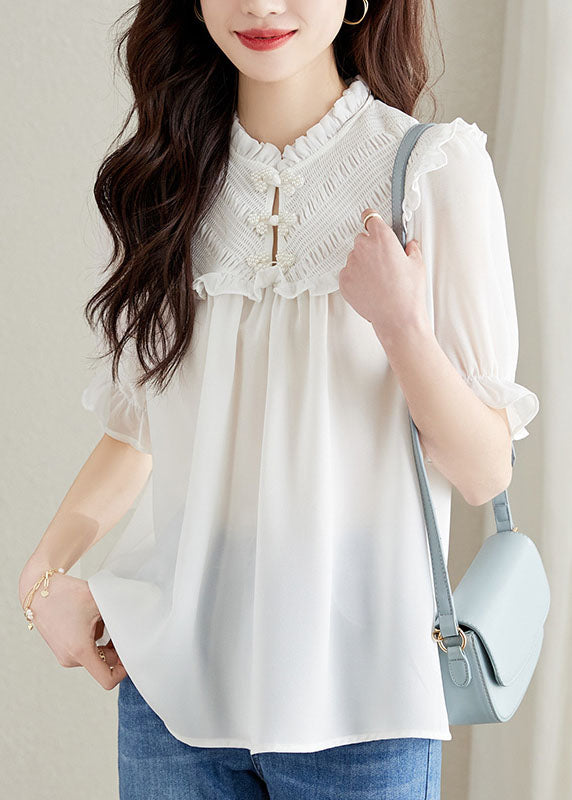 Women White Ruffled Chinese Button Patchwork Chiffon Shirt Top Summer TQ1059 - fabuloryshop