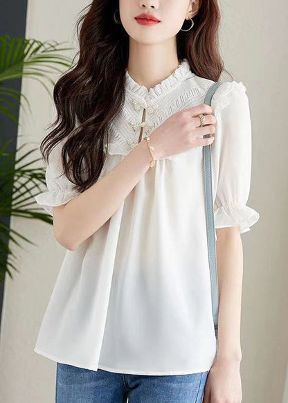 Women White Ruffled Chinese Button Patchwork Chiffon Shirt Top Summer TQ1059 - fabuloryshop