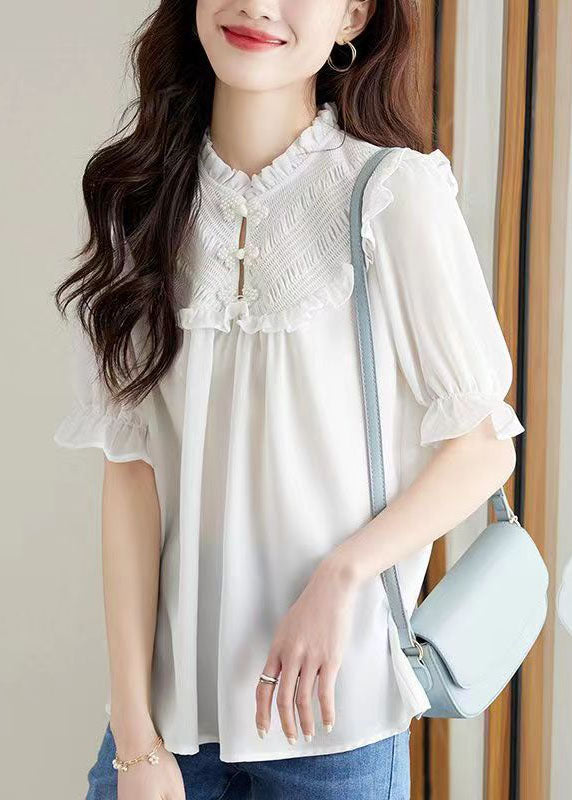 Women White Ruffled Chinese Button Patchwork Chiffon Shirt Top Summer TQ1059