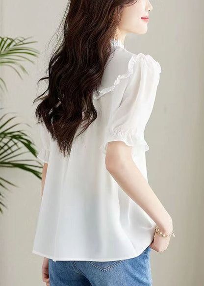 Women White Ruffled Chinese Button Patchwork Chiffon Shirt Top Summer TQ1059 - fabuloryshop