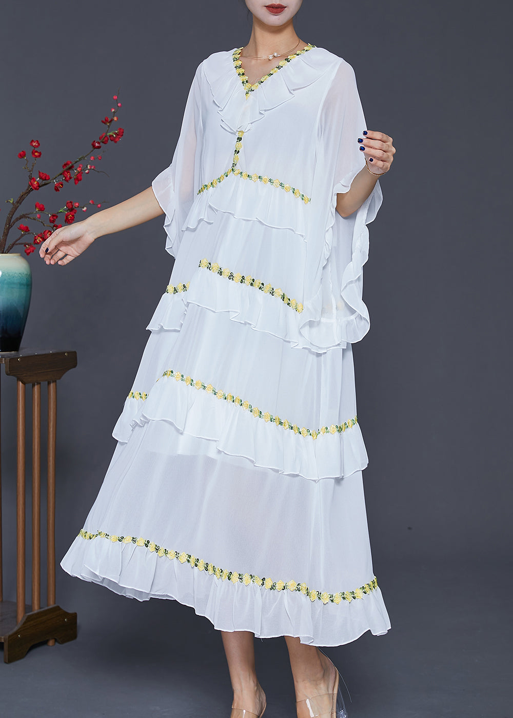 Women White Ruffled Patchwork Chiffon Beach Dress Summer Ada Fashion