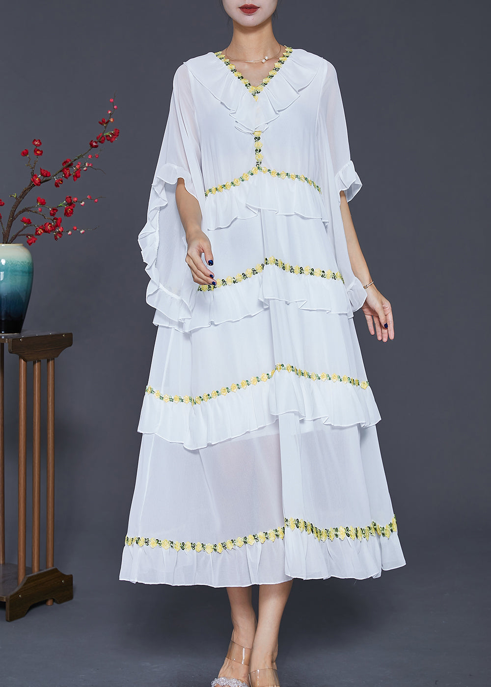 Women White Ruffled Patchwork Chiffon Beach Dress Summer Ada Fashion