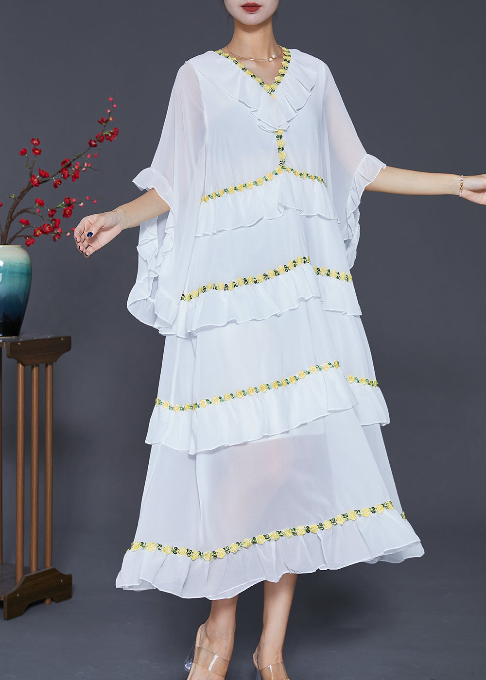 Women White Ruffled Patchwork Chiffon Beach Dress Summer Ada Fashion