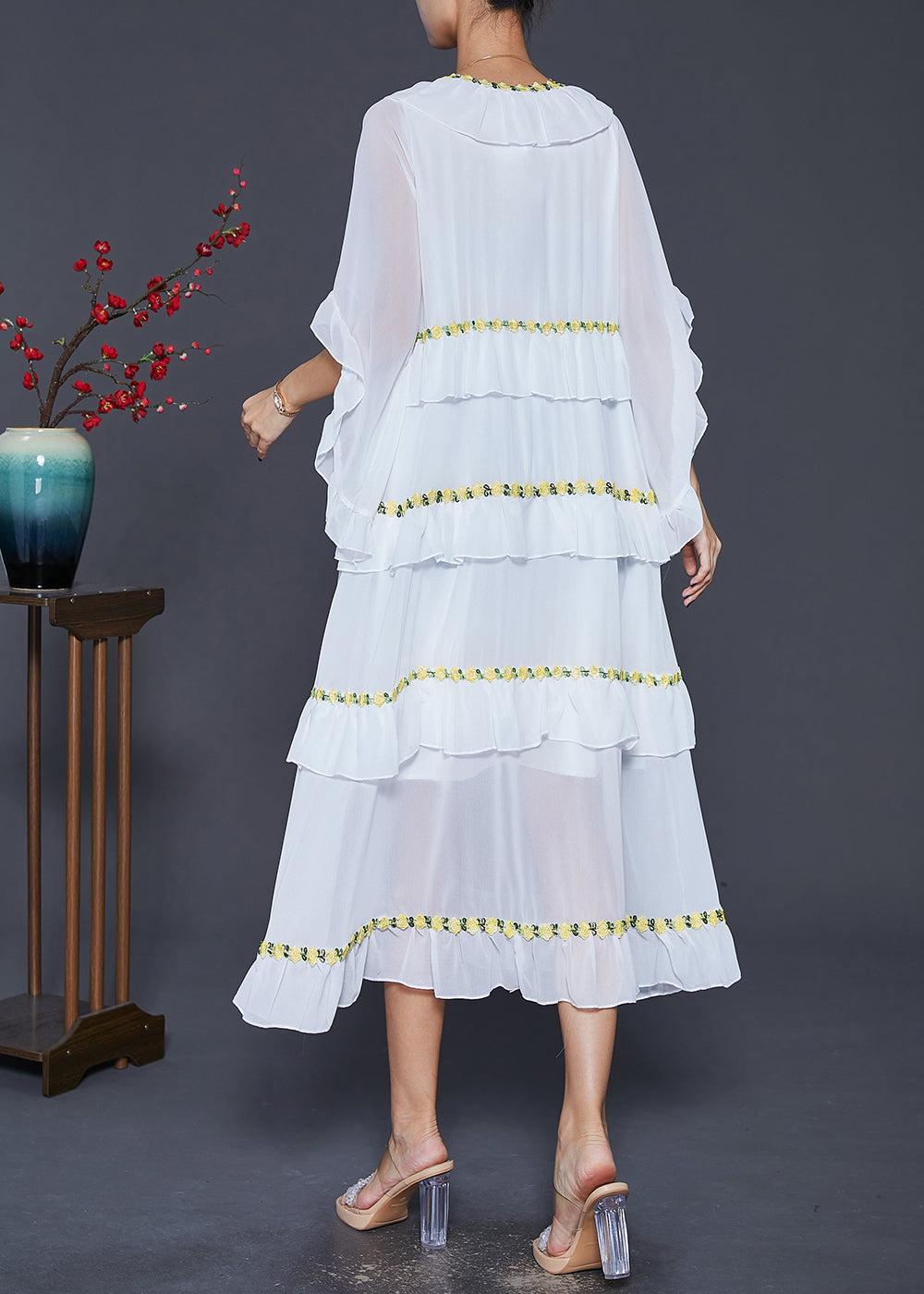 Women White Ruffled Patchwork Chiffon Beach Dress Summer Ada Fashion