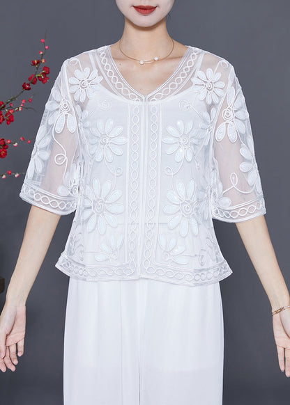 Women White Sequins Embroideried Floral Tulle Cardigan Summer LY5539 - fabuloryshop