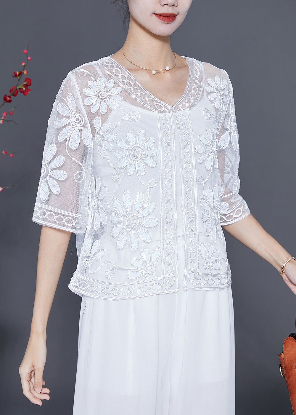 Women White Sequins Embroideried Floral Tulle Cardigan Summer LY5539 - fabuloryshop