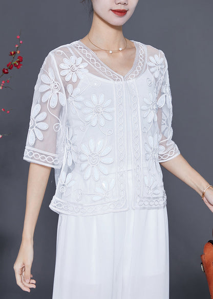 Women White Sequins Embroideried Floral Tulle Cardigan Summer LY5539 - fabuloryshop