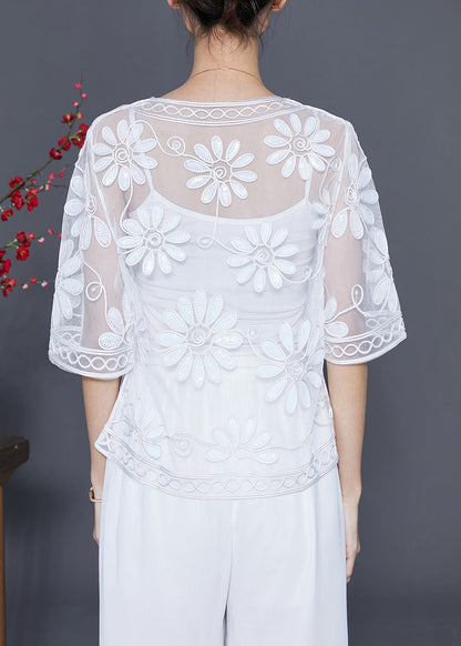 Women White Sequins Embroideried Floral Tulle Cardigan Summer LY5539 - fabuloryshop