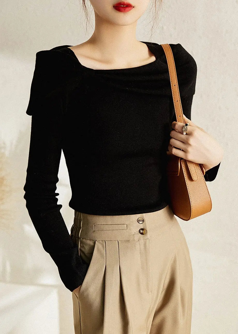 Women White Square Collar Bow  Cotton Knit Tops Fall Ada Fashion