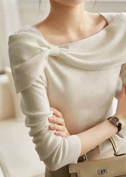 Women White Square Collar Bow  Cotton Knit Tops Fall Ada Fashion