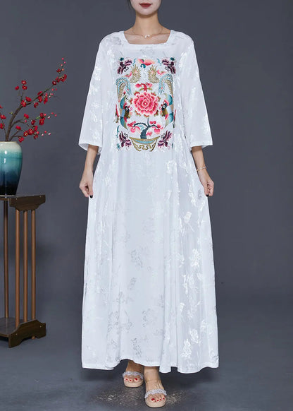 Women White Square Collar Embroideried Silk Ankle Dress Fall Ada Fashion