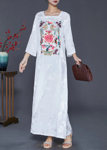 Women White Square Collar Embroideried Silk Ankle Dress Fall Ada Fashion