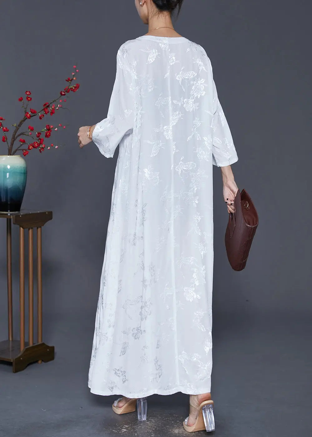 Women White Square Collar Embroideried Silk Ankle Dress Fall Ada Fashion