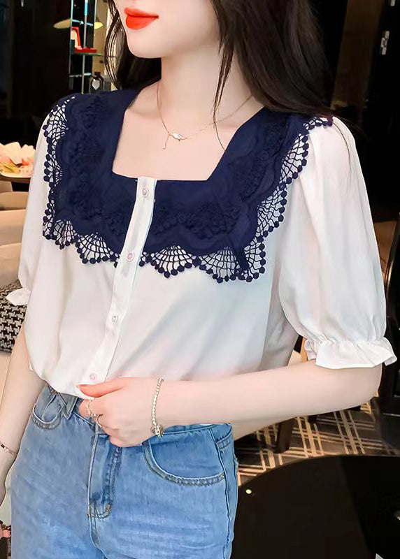 Women White Square Collar Lace Patchwork Button Shirt Short Sleeve LY0396 - fabuloryshop