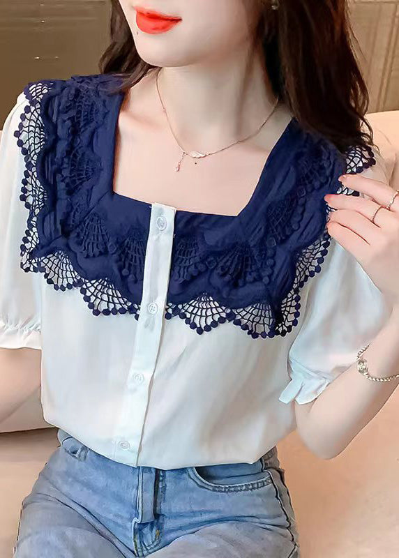 Women White Square Collar Lace Patchwork Button Shirt Short Sleeve LY0396 - fabuloryshop