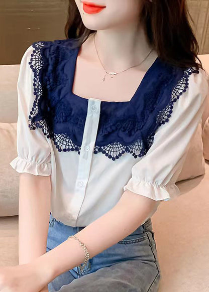 Women White Square Collar Lace Patchwork Button Shirt Short Sleeve LY0396 - fabuloryshop