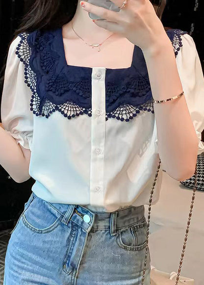 Women White Square Collar Lace Patchwork Button Shirt Short Sleeve LY0396 - fabuloryshop