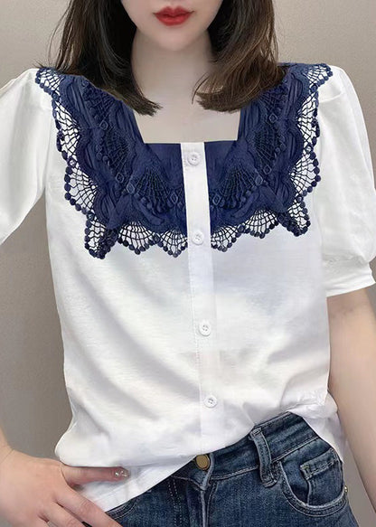 Women White Square Collar Lace Patchwork Button Shirt Short Sleeve LY0396 - fabuloryshop