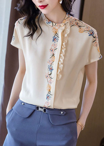 Women White Stand Collar Asymmetrical Ruffled Print Silk Tops Summer LY0064 - fabuloryshop