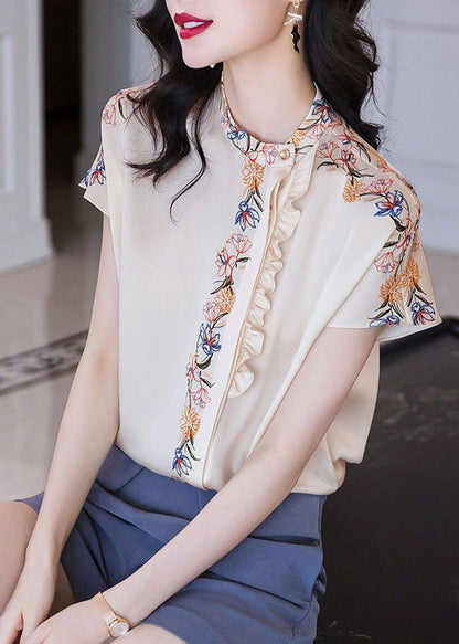 Women White Stand Collar Asymmetrical Ruffled Print Silk Tops Summer LY0064 - fabuloryshop