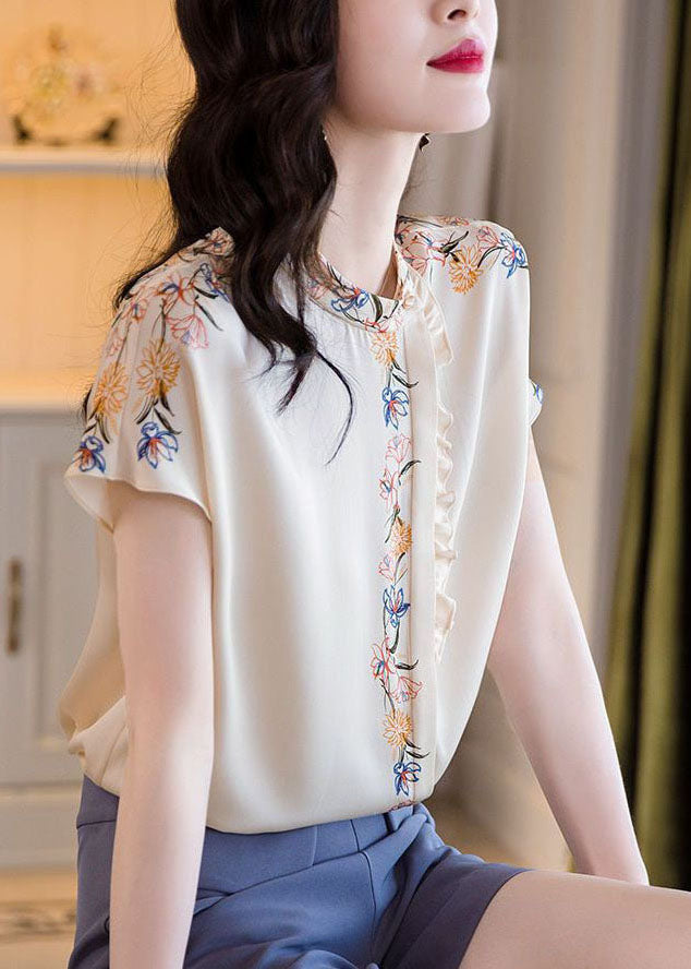 Women White Stand Collar Asymmetrical Ruffled Print Silk Tops Summer LY0064 - fabuloryshop