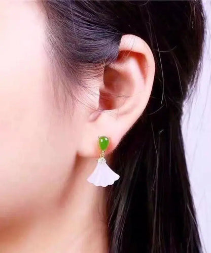 Women White Sterling Silver Inlaid Jade Fan Shaped Drop Earrings Ada Fashion