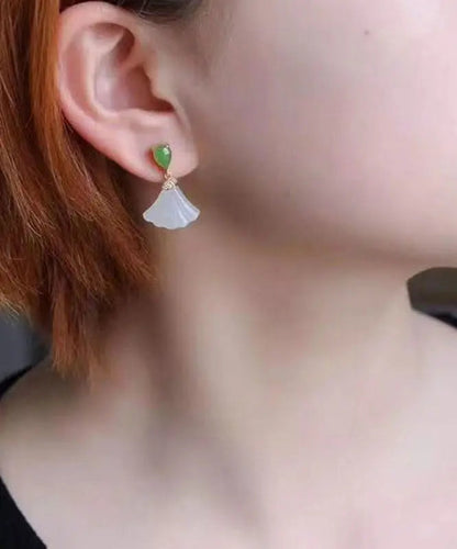 Women White Sterling Silver Inlaid Jade Fan Shaped Drop Earrings Ada Fashion