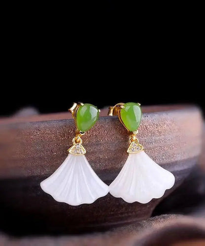 Women White Sterling Silver Inlaid Jade Fan Shaped Drop Earrings Ada Fashion