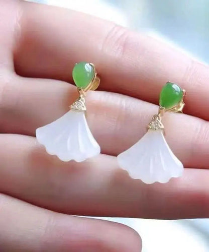 Women White Sterling Silver Inlaid Jade Fan Shaped Drop Earrings Ada Fashion