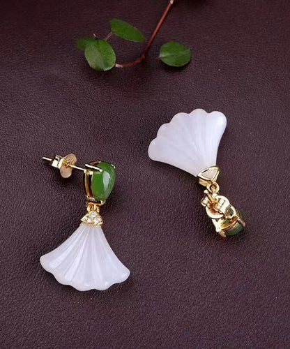 Women White Sterling Silver Inlaid Jade Fan Shaped Drop Earrings Ada Fashion