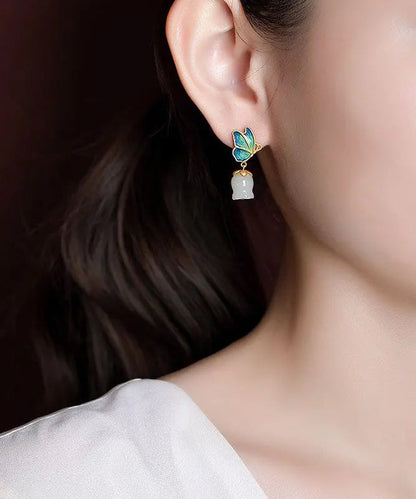 Women White Sterling Silver Overgild Jade Cloisonne Drop Earrings Ada Fashion