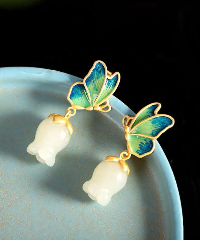 Women White Sterling Silver Overgild Jade Cloisonne Drop Earrings Ada Fashion